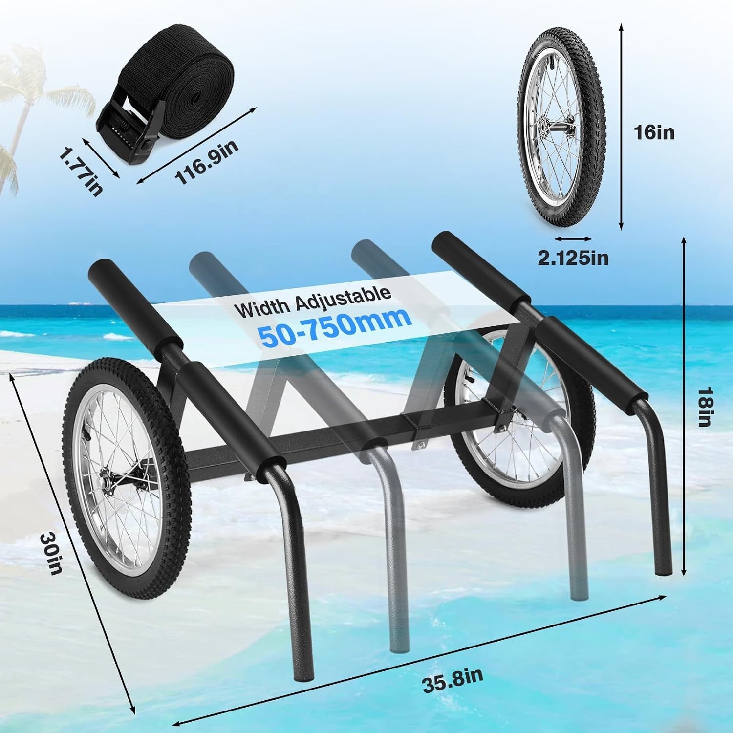 Kayak Beach Cart, Width Adjustable 5.5″-29.5″ Universal Canoe Dolly Heavy Dut…