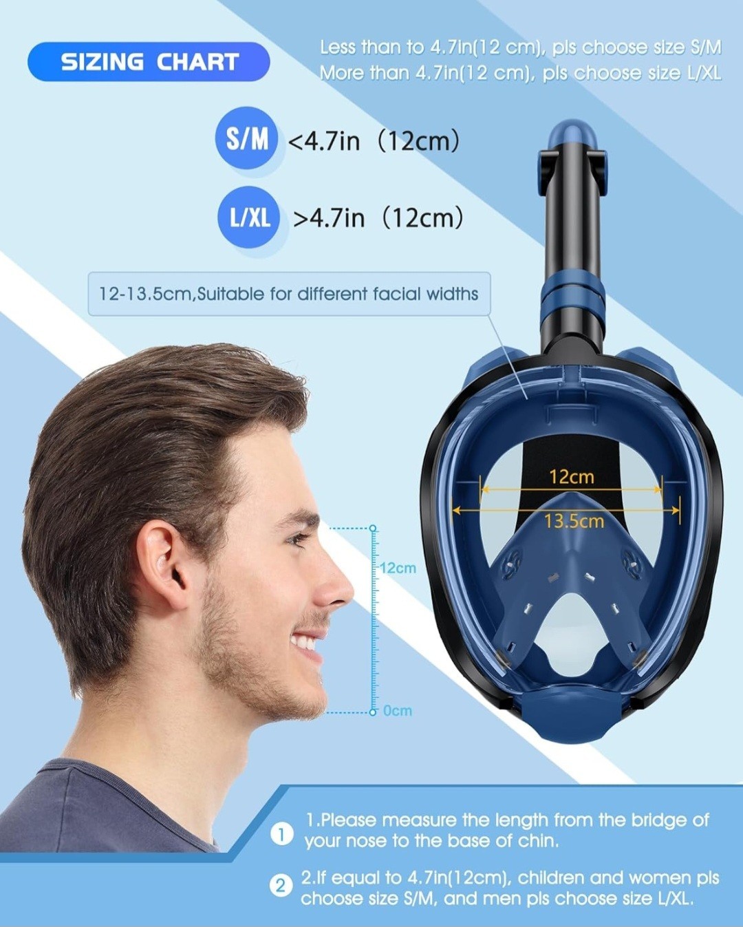 Greatever G2 Full Face Snorkel Mask Latest Dry Top System Foldable L / XL Blue