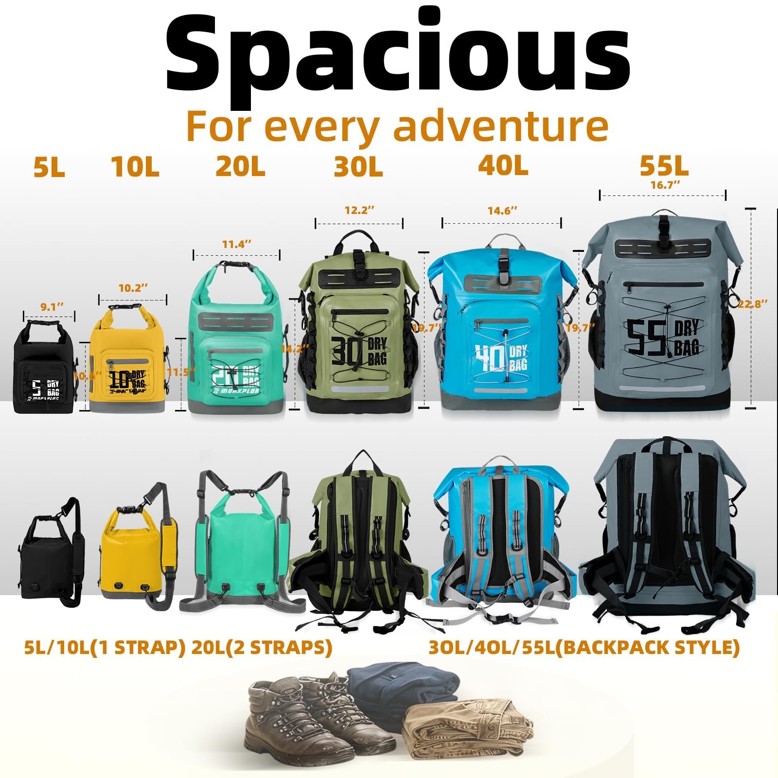 Waterproof Dry Bag Backpack 5L/10L/20L/30L/40L/55L with Phone Case for Kayaking,