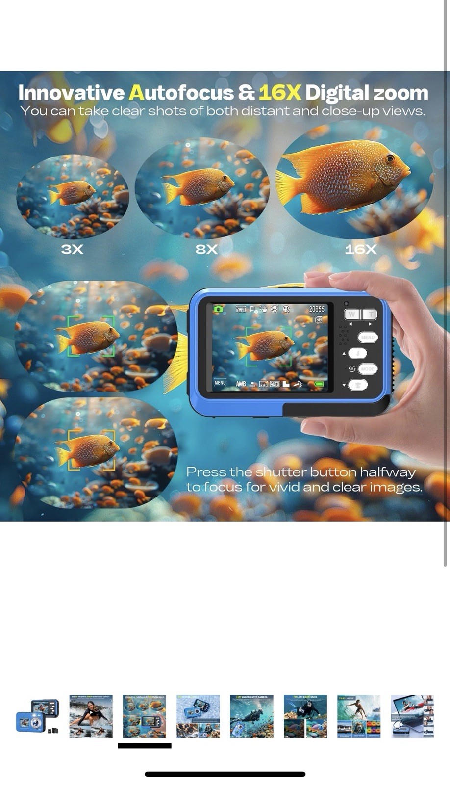 Underwater Camera, Selfie Dual Screens 4K 48MP 11FT Autofocus Waterproof Blue