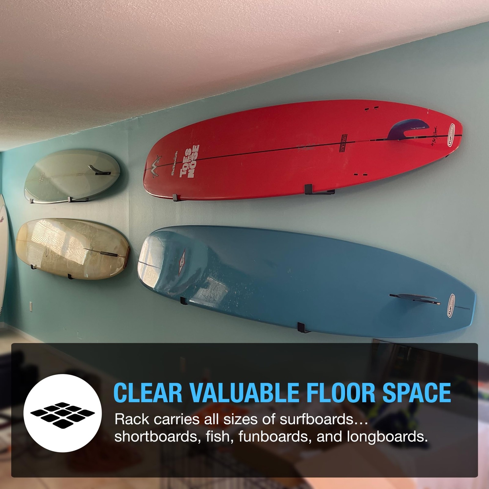 Surfboard Wall Mount Rack Strong Felt Padded Holder Easy Install Hardware