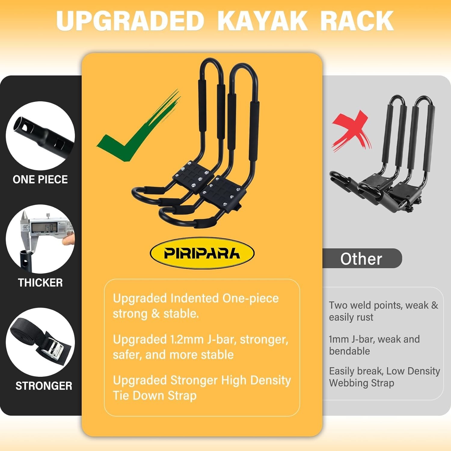 Universal Kayak J-Bar Roof Rack – Supports 150lbs, Includes Tie-Down Straps