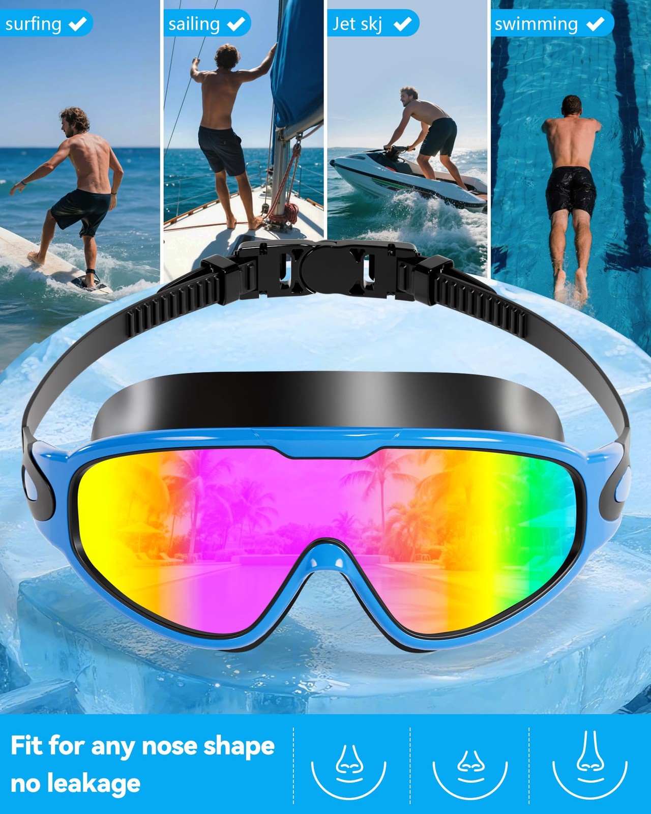 Swimming Goggles for Adult Kids Wide View Anti-Fog UV w/ Earplugs Nose Clips