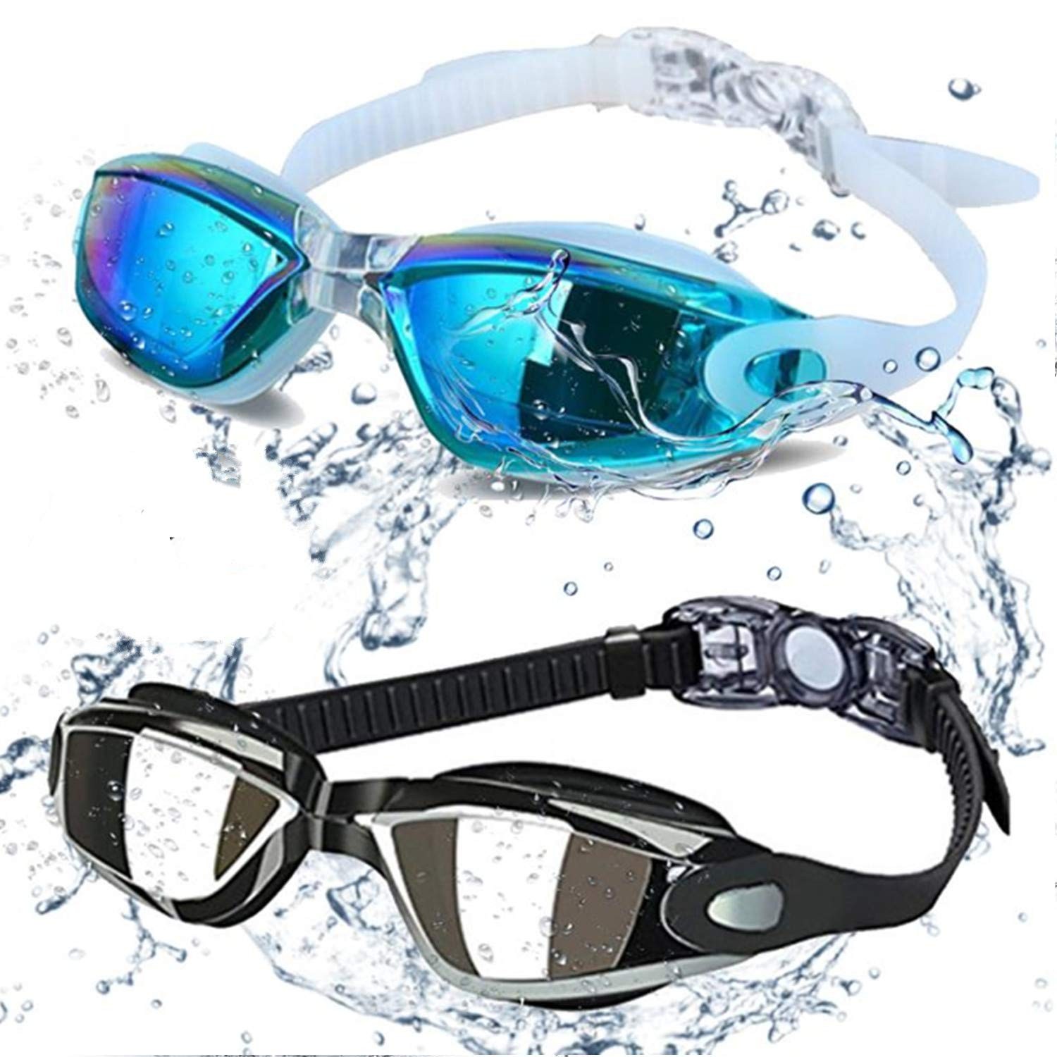 2 Pack Professional Swim Goggles, Anti-Fog No Leaking, UV Protection