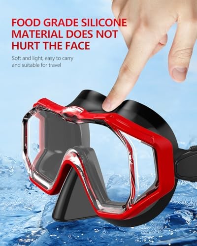 Swim Goggles with Nose Cover,Latest HD 3-Window Wide Adults 1 Pack Black Red