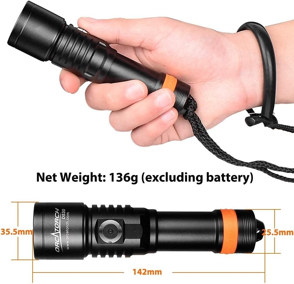 ORCATORCH D530 Scuba Dive Light, 1300 Lumens, 8 Degrees Narrow Beam 150 M