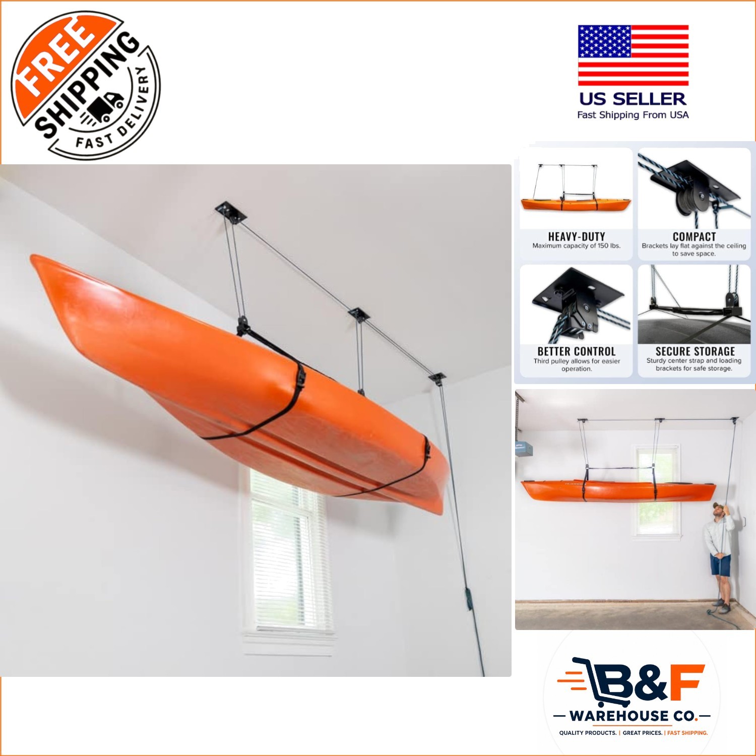 Heavy-Duty Kayak Hoist – 150 lbs Capacity Overhead Storage for 10-14 ft Ceilings