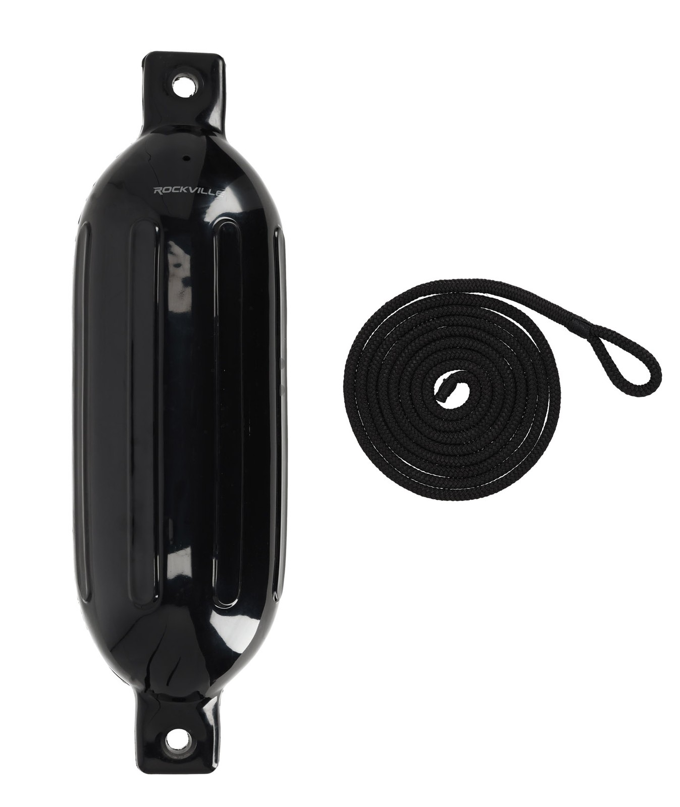 (2) Rockville FEN165-BLACK 6.5″x23″ Boat Fenders + 10 Foot Line Marine Bumpers