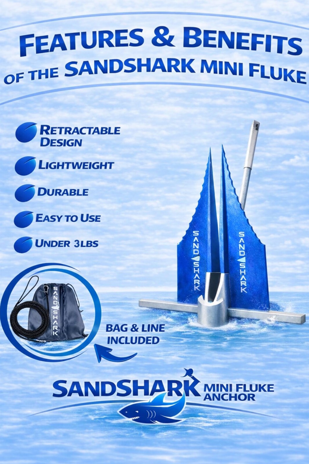 SandShark Premium Fluke Anchor-Retractable Shaft Easy Storage-Aluminum Pontoo…