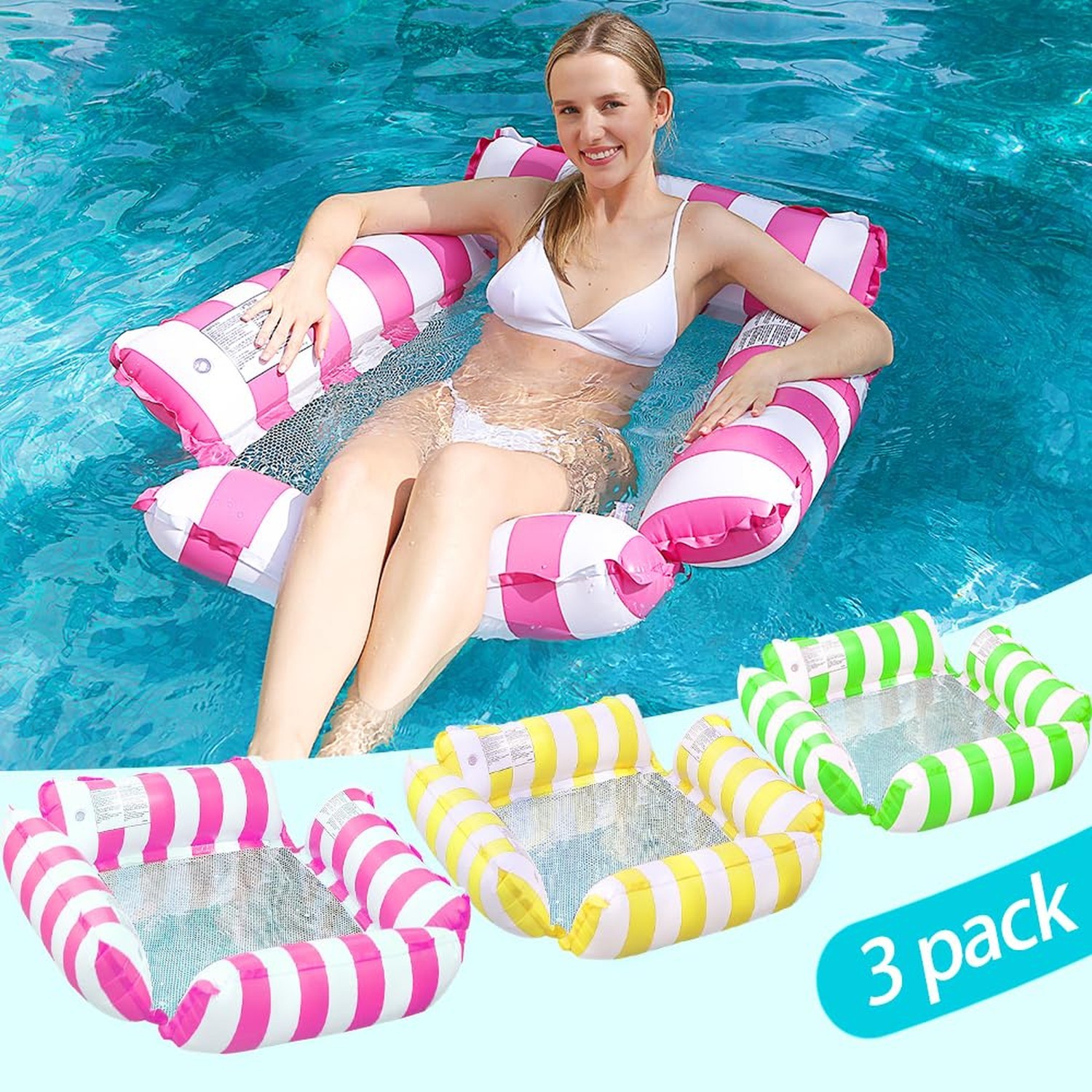 3 Pack Inflatable Pool Chair Float, Water Hammock Lounge Chair, Multi-Purpose…