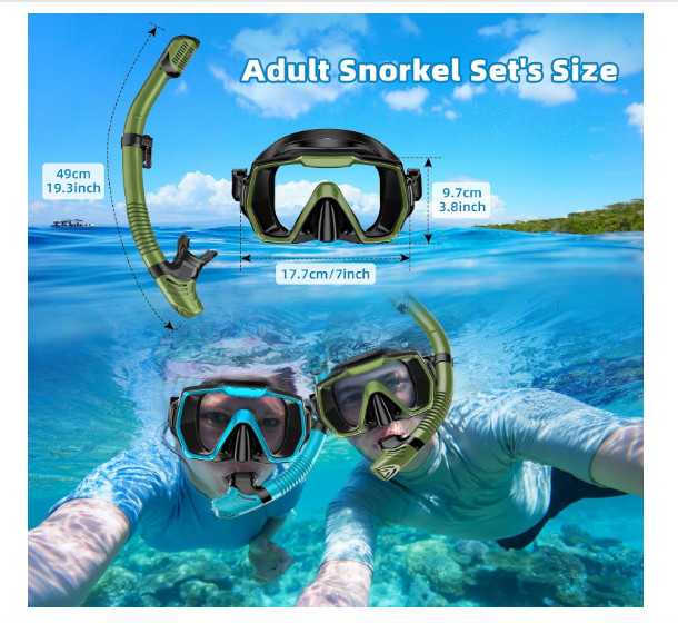Snorkel Set Army Green Adult Mask Anti-Fog Anti-Leak Dry Top Dive Gear Kit, Gift