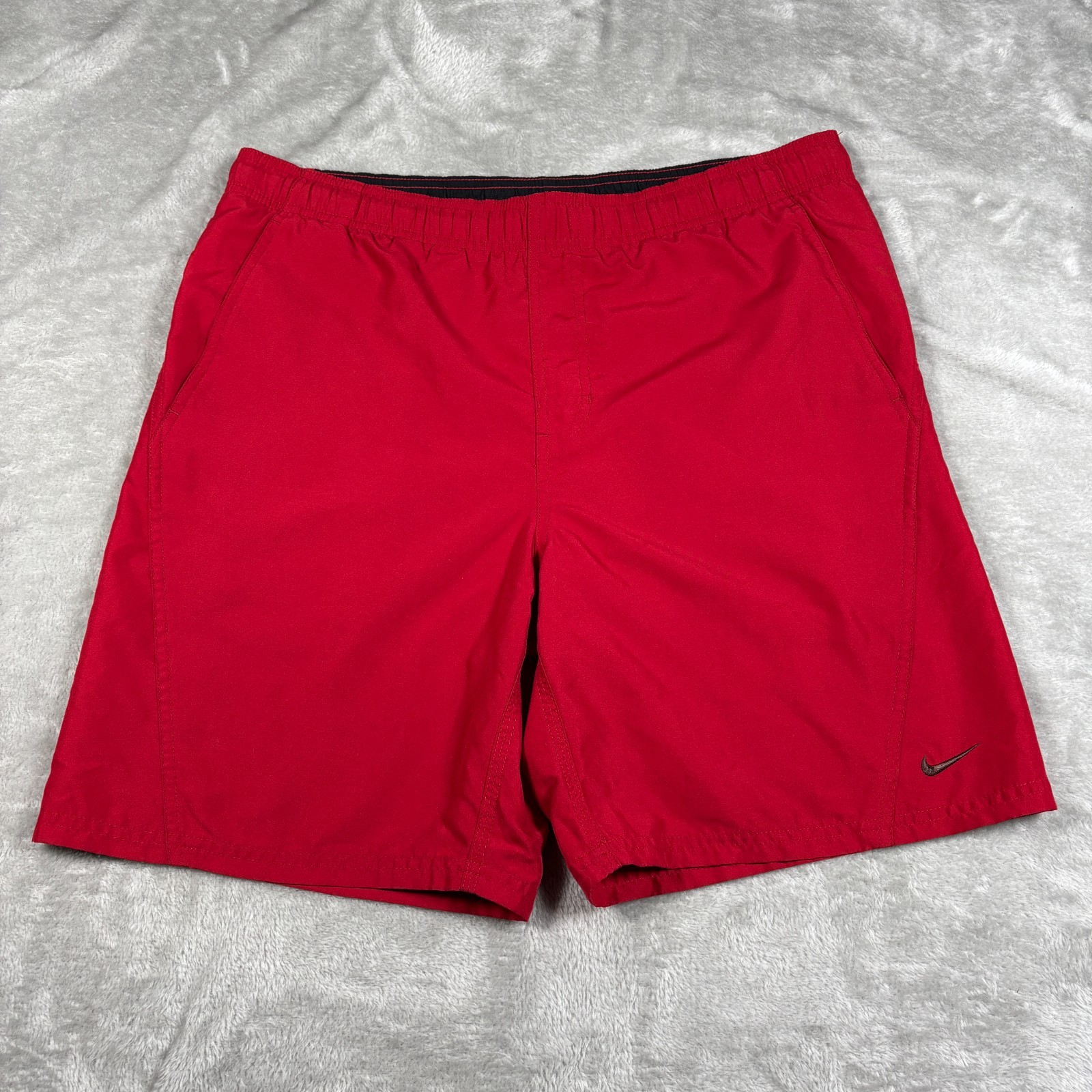 Vintage Nike Swim Shorts Men Small Red Black Silver Tag Board Trunks Embroidered