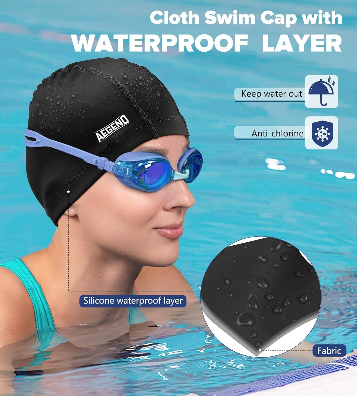 1 Pack Fabric Swim Cap Silicone Waterproof Layer Breathable Cloth Large Black-L