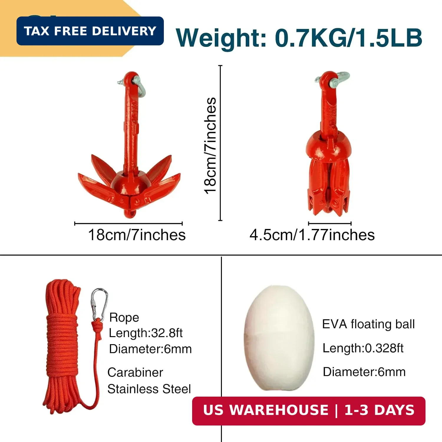 Kayak Anchor Kit 1.5/3.5lb Folding Small Boat Anchor for Paddle Board Canoe Jet