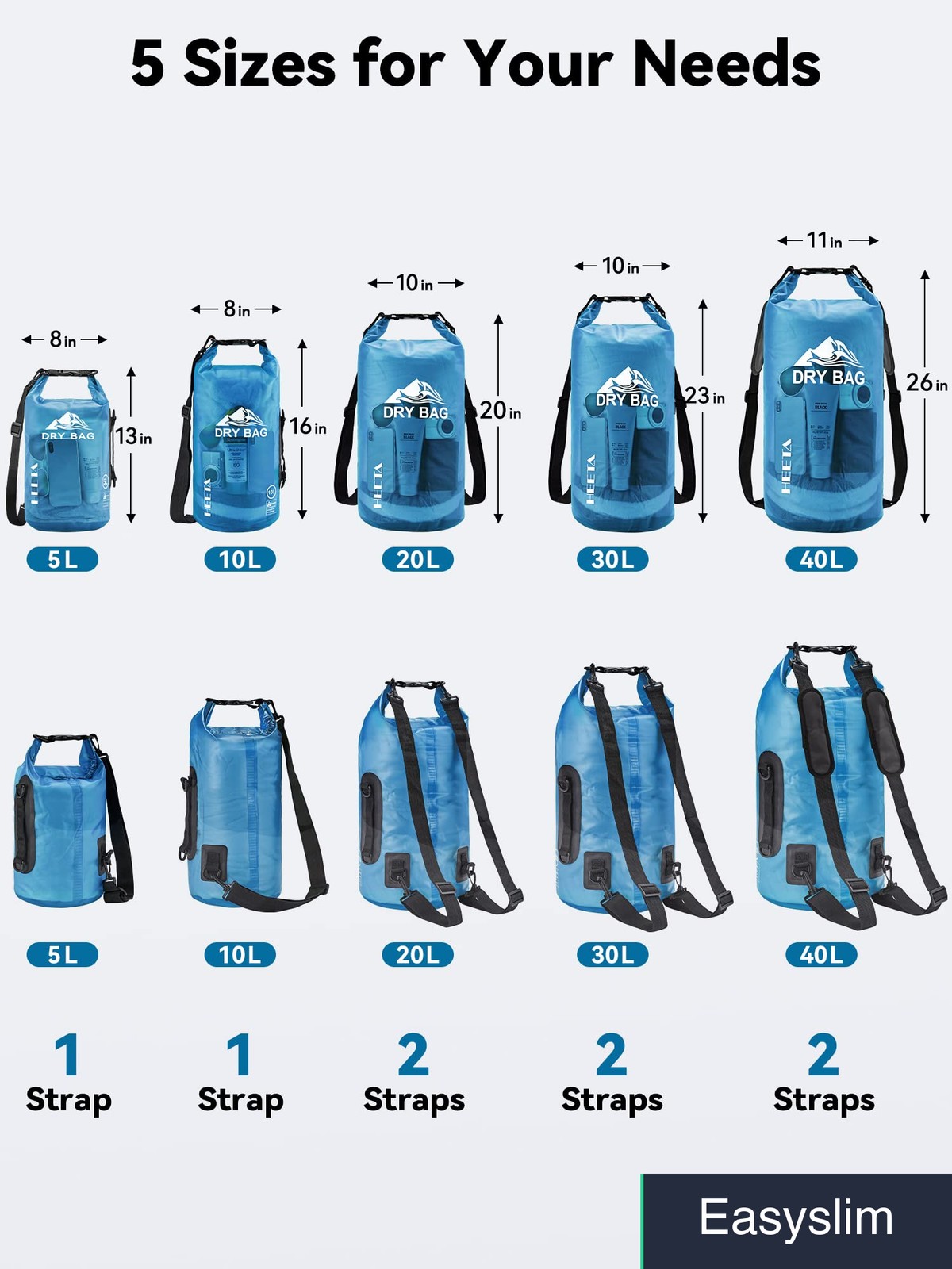 Waterproof Dry Bag 5L Transparent Blue Roll Top Lightweight Travel Camping