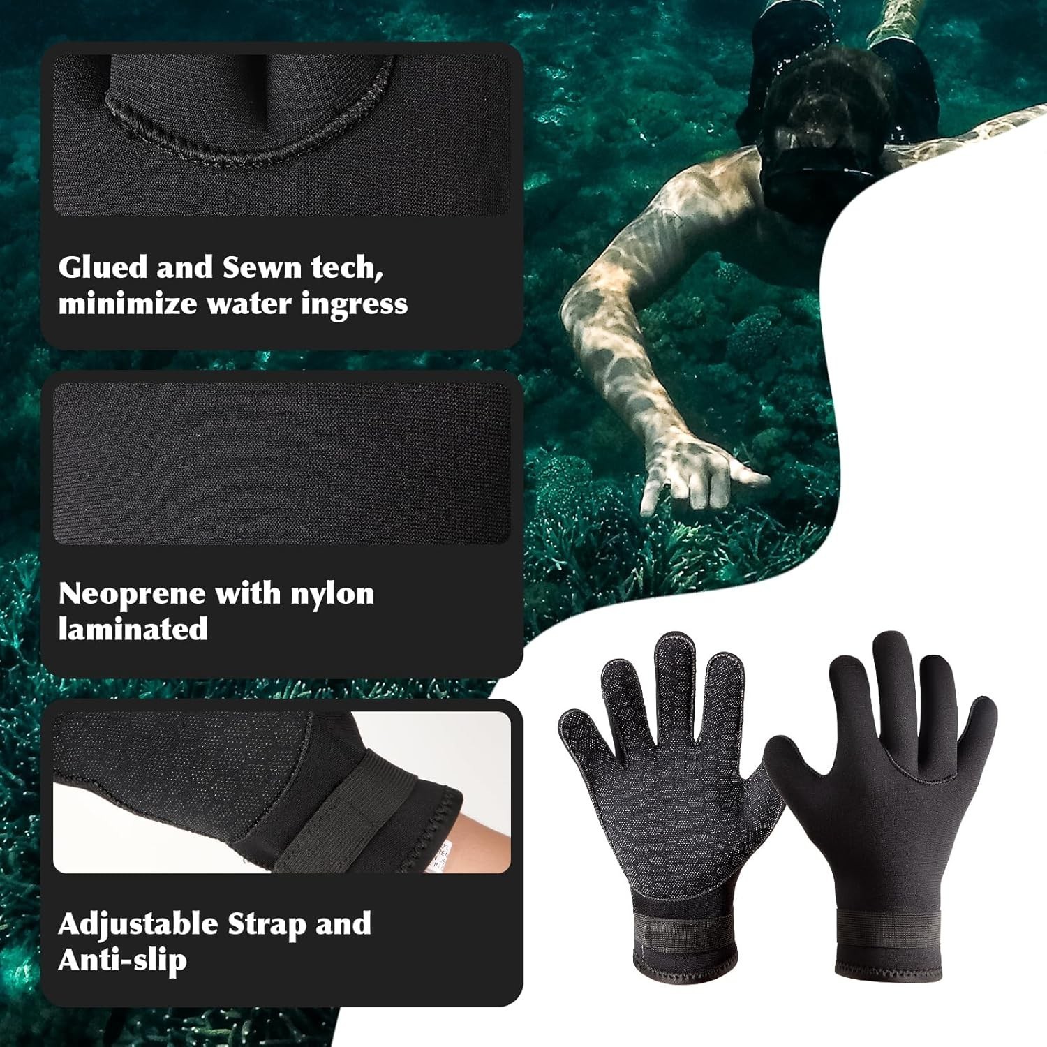 Neoprene Glove, Wetsuit Gloves 3mm with Waist Strap for Scuba Diving Snorkeli…