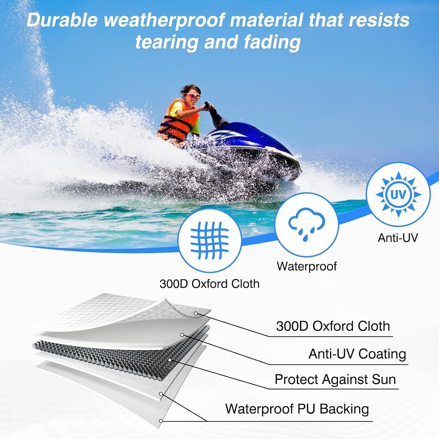 Jet Ski Cover, 120″-135″ 1or 3-Seater Watercrafts, Compatible M (120-135”)