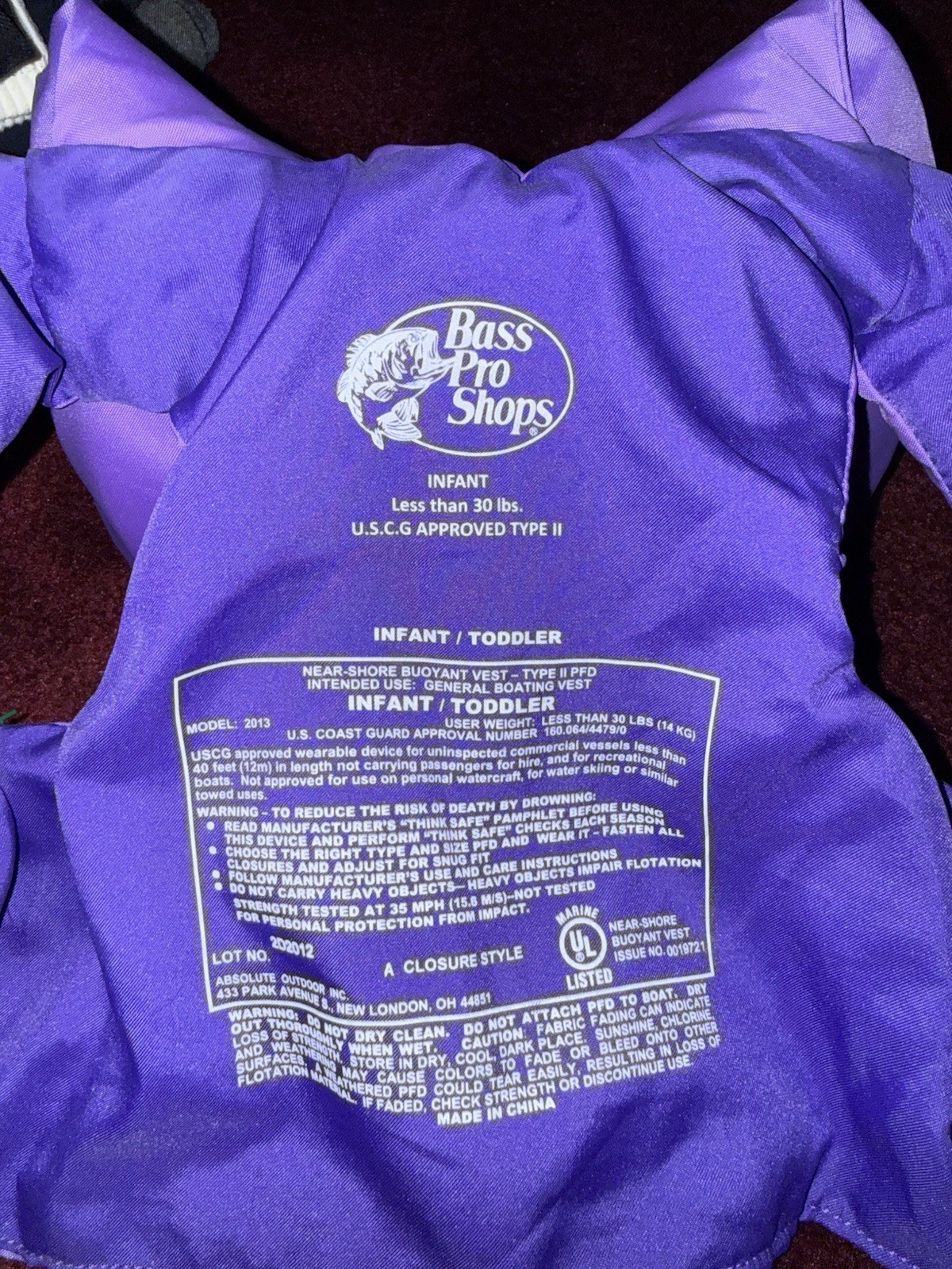 Bass Pro Shops Life Jacket For INFANT 30 Pounds USCG approved Type II Purple