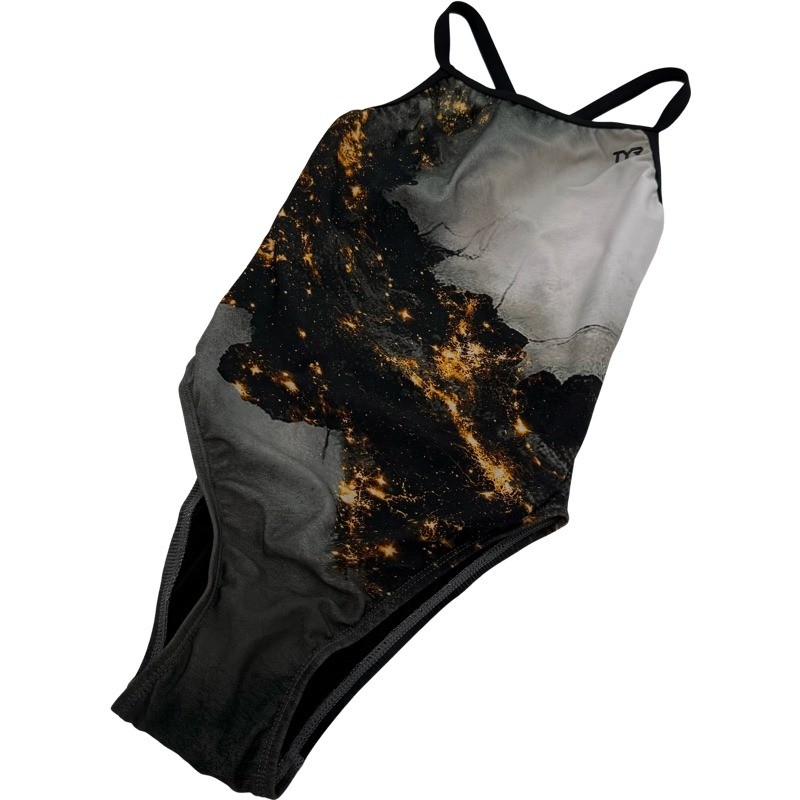 TYR NEW M Size 32 Diamondfit One Piece Swimsuit Black Grey Galaxy Print Training
