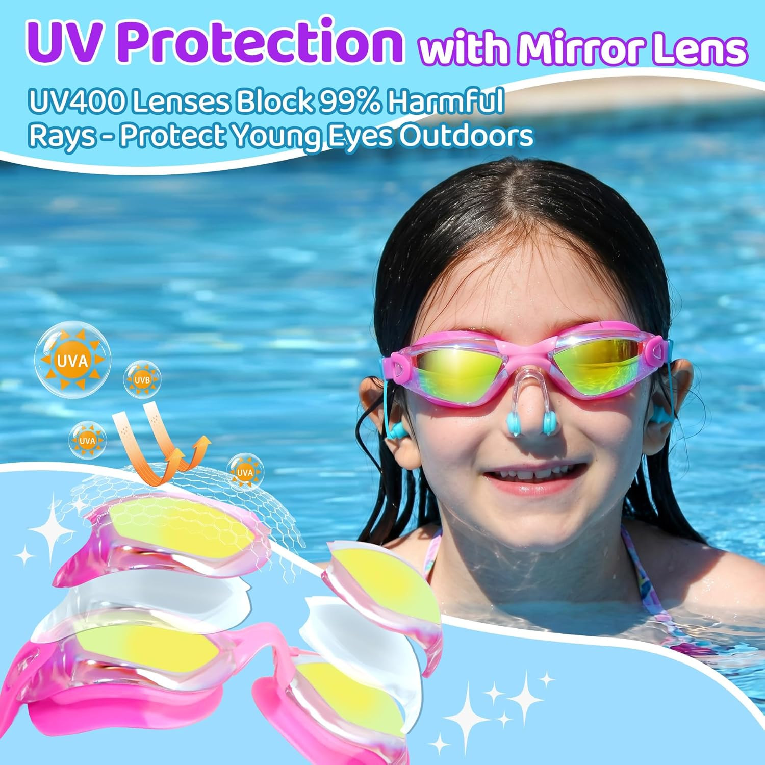 Vvinca Swimming Goggles for Kids 3-15 years-2 Pack, Kids Goggles Anti-Fog/UV No