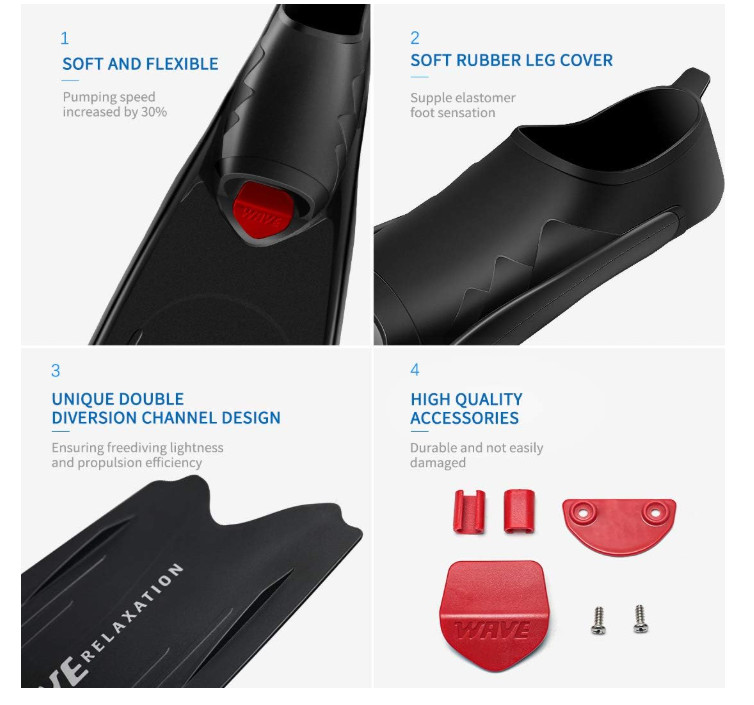 Wave Long Blade Diving Fins Full Pocket Size 5.5-6.5 New In Bag