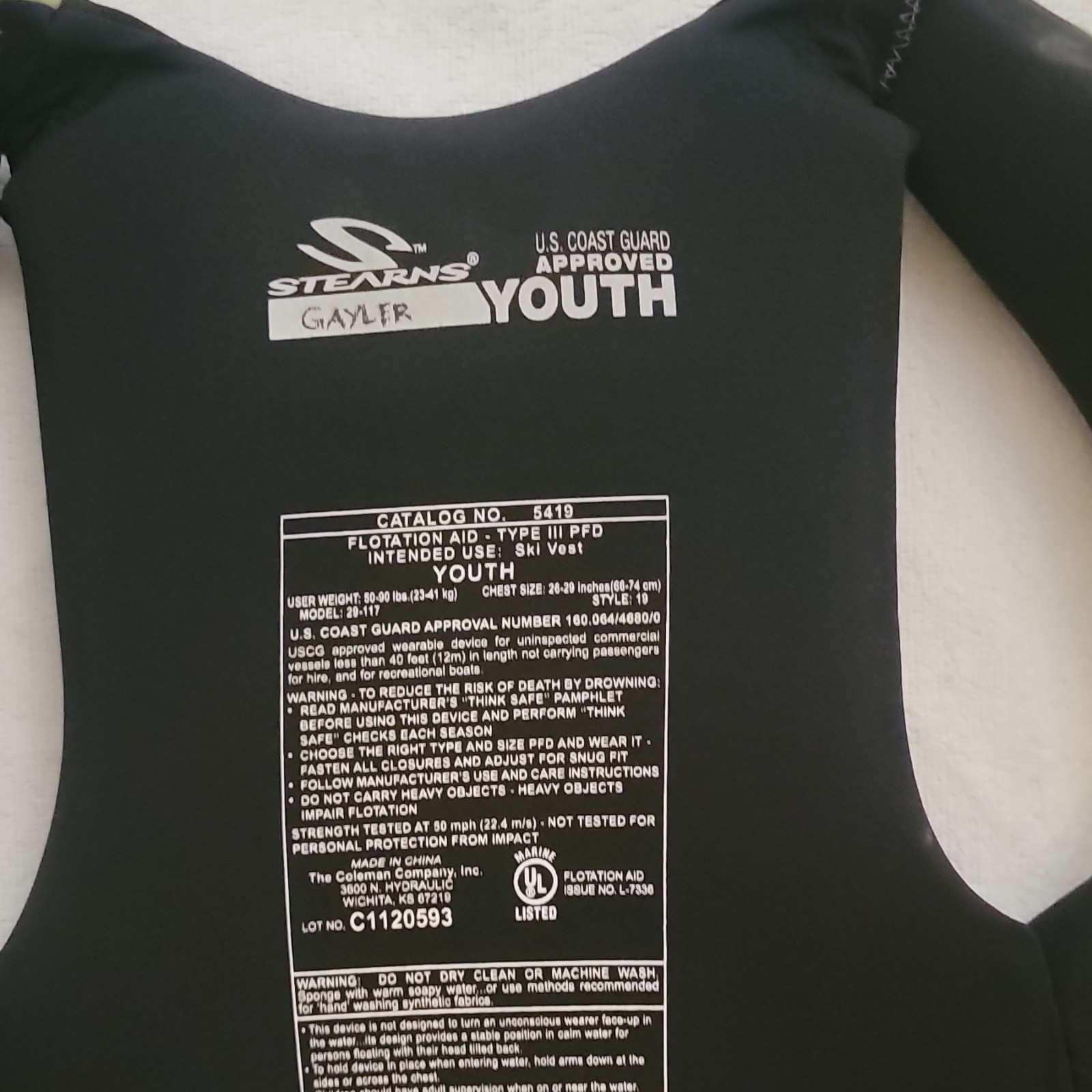 Stearns Youth USCG Approved Type III PFD Vest 5419 Black/Gray/Green