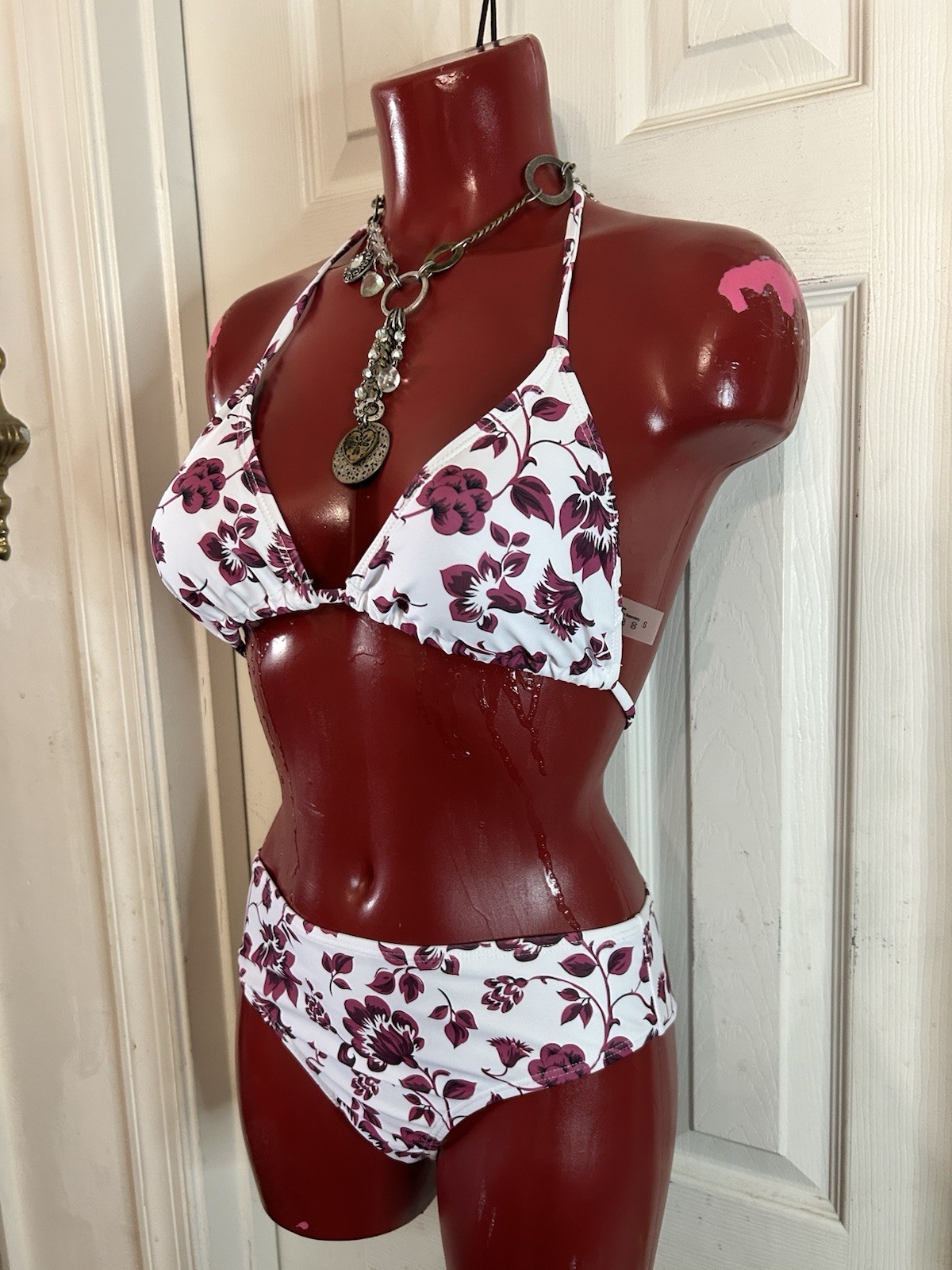 SHEIN 3 PIECE BIKINI SET W/ SKIRT – SIZE S – FLORAL BURGUNDY MULTI PRINT SWIM