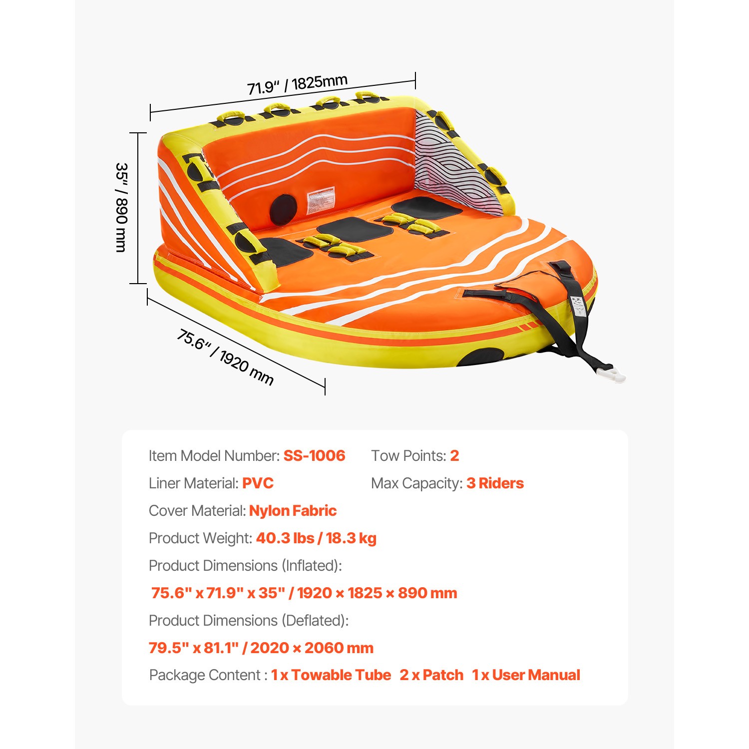 Towable Tube for Boating 1-3 Riders Inflatable Boating Tubes Water Sport