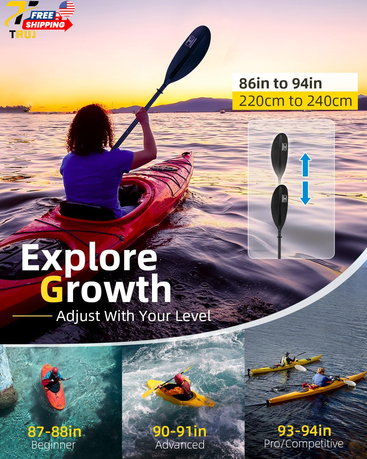 Adjustable Carbon Fiber Kayak Paddle 86In/220Cm to 94In/240Cm Kayaking Oar for A