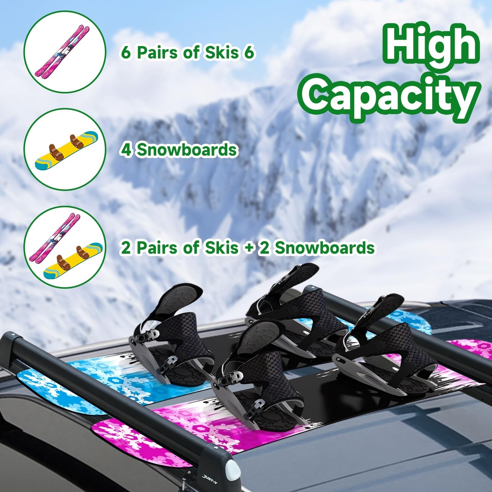 Just-V 33” Aluminum Universal Ski Roof Rack Car Rack Carrier for Skis, Snowb…