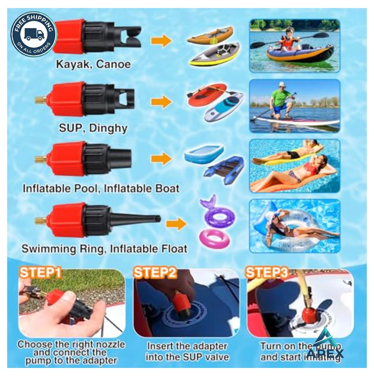 Inflatable Pump Adapter Kit 11 Piece Valve Nozzle Set for SUP Kayak Boat Dinghy