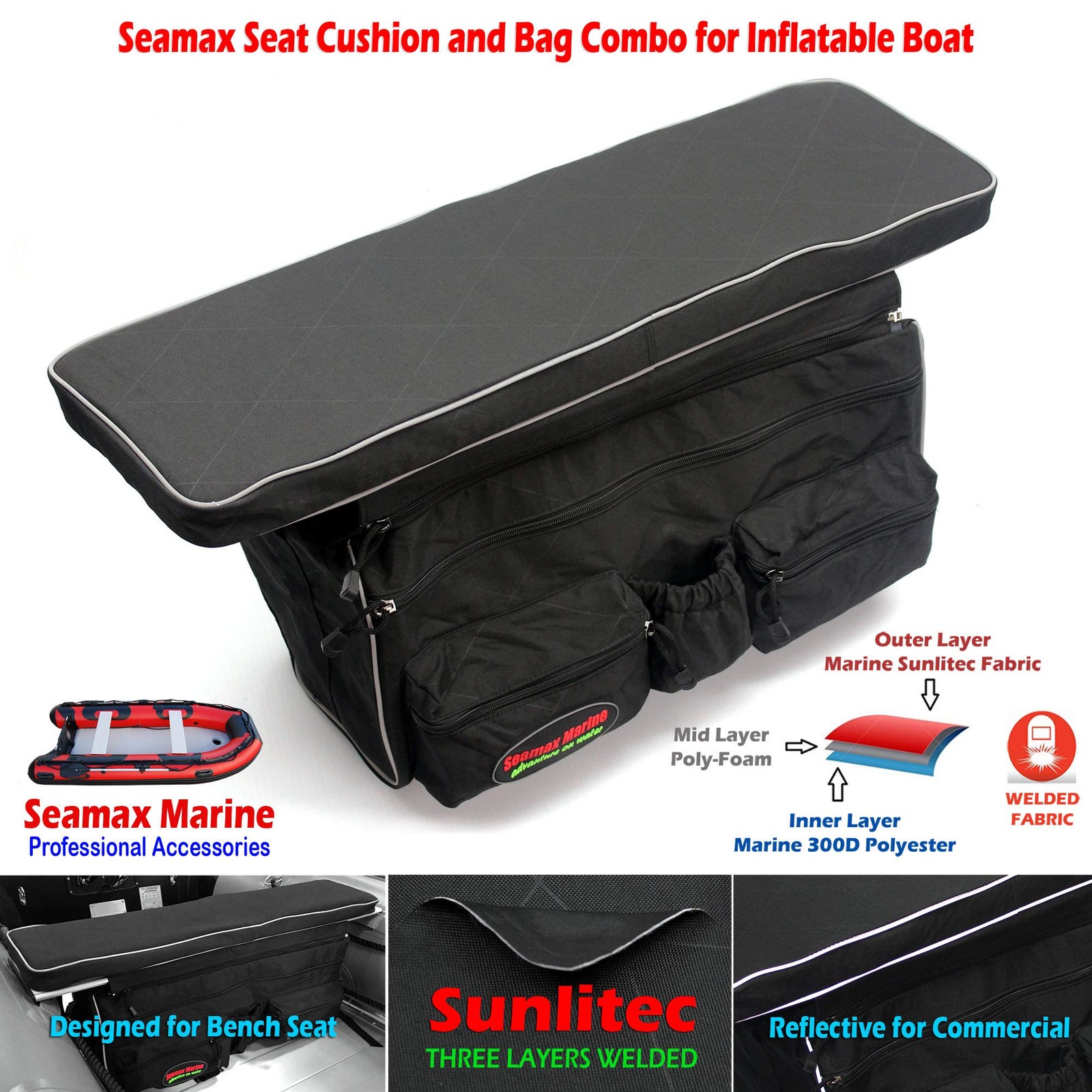 Seamax Sunlitec Inflatable Boat Bench Seat Cushion and Detachable Seat Bag Combo