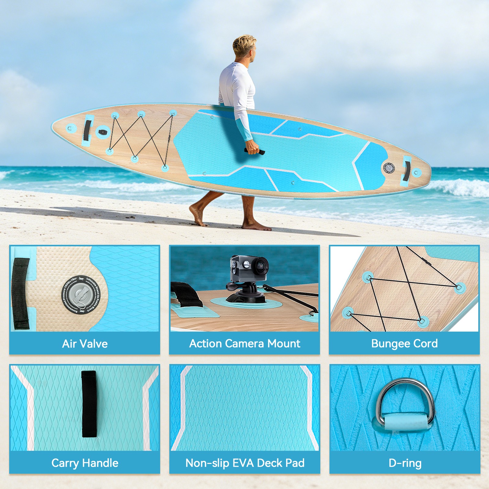 11FT Inflatable Paddle Board Surfboard 33″ Wide 330LBS Capacity 3-Fin System