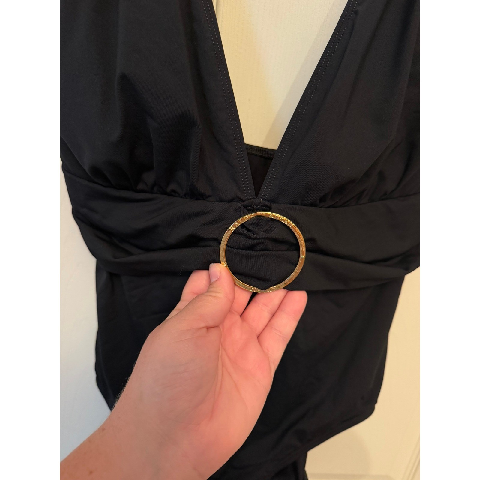 Ralph Lauren Women’s Deep V-neck Black One Piece Swimsuit Sz 14