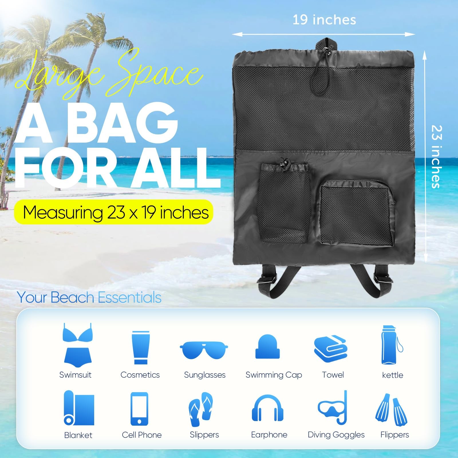 HOHOM Mesh Swim Bag Beach Drawstring Backpack, Waterproof One Size, Ink Black