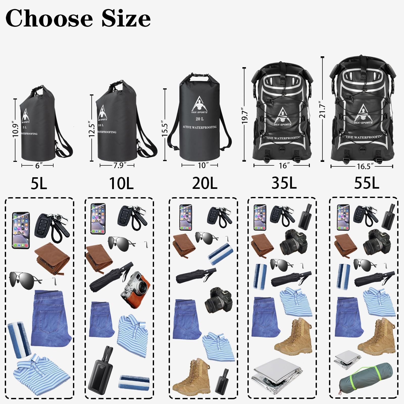 Oak-Sports Dry Bag Waterproof Backpack 5L/10L/20L Roll Top Lightweight Beach