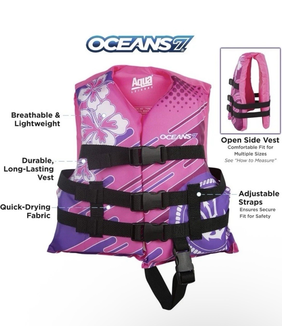 Oceans7 Flex Form Child Type III PFD Life Jacket Vest for 30-50lb,Pink