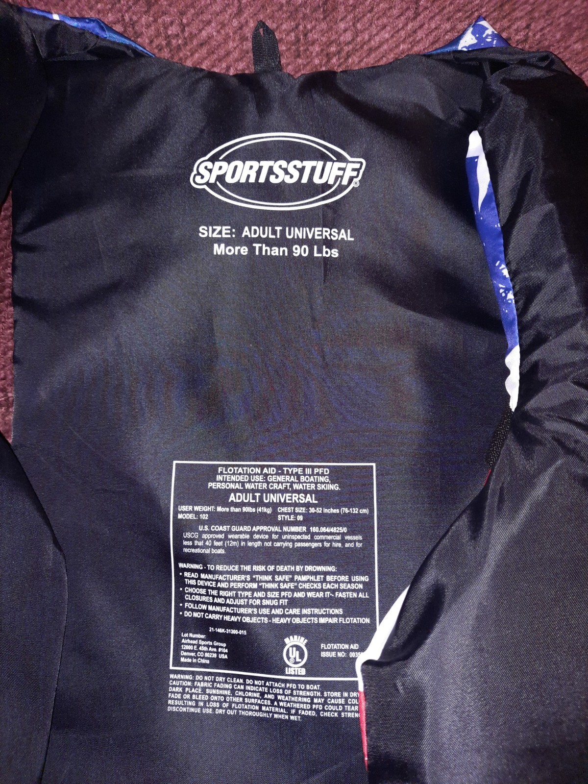 Sportsstuff Life Vest Adult For Over 90 Lbs Universal size adjustable