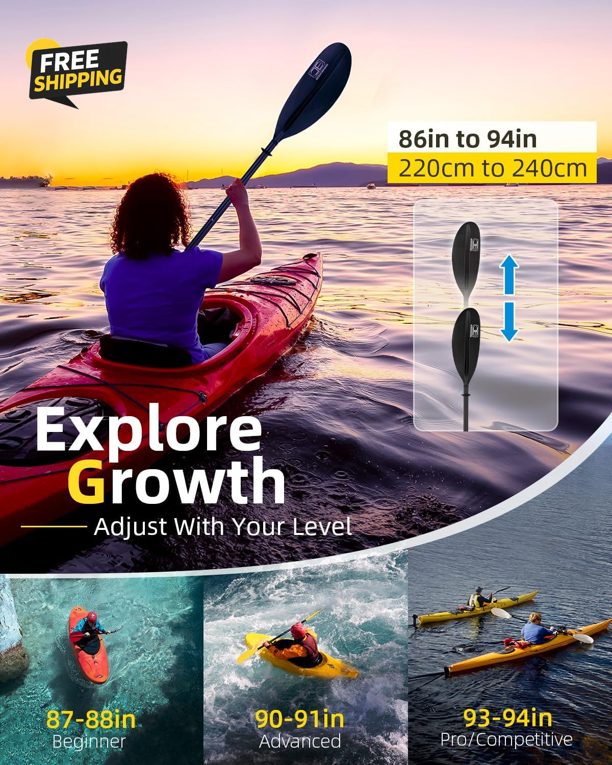 Adjustable Carbon Fiber Kayak Paddle 86In/220Cm to 94In/240Cm Kayaking Oar