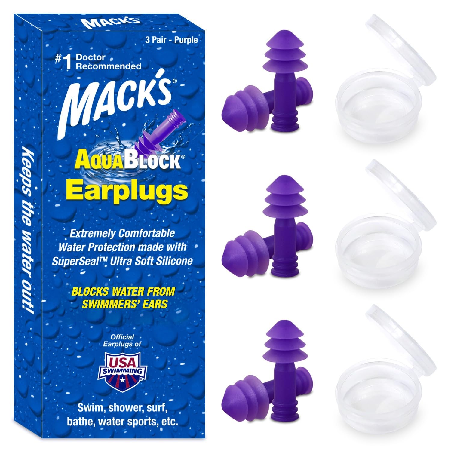 Mack’s AquaBlock Swimming Earplugs, 3 Pair – 6 count (Pack of 1), Purple