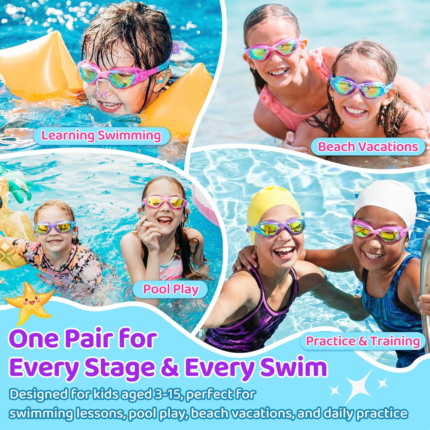Vvinca Swimming Goggles for Kids 3-15 years-2 Pack, Kids Goggles Anti-Fog/UV No