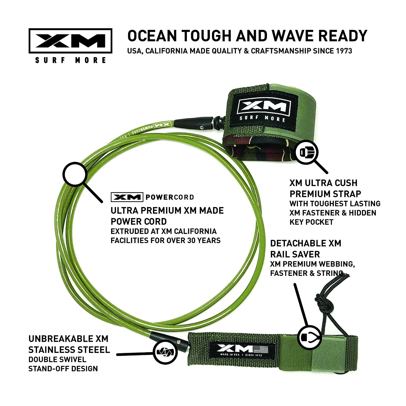 Premium Surfboard Leash 5-12ft, Unbreakable Swivels, Detachable Railsaver, USA M