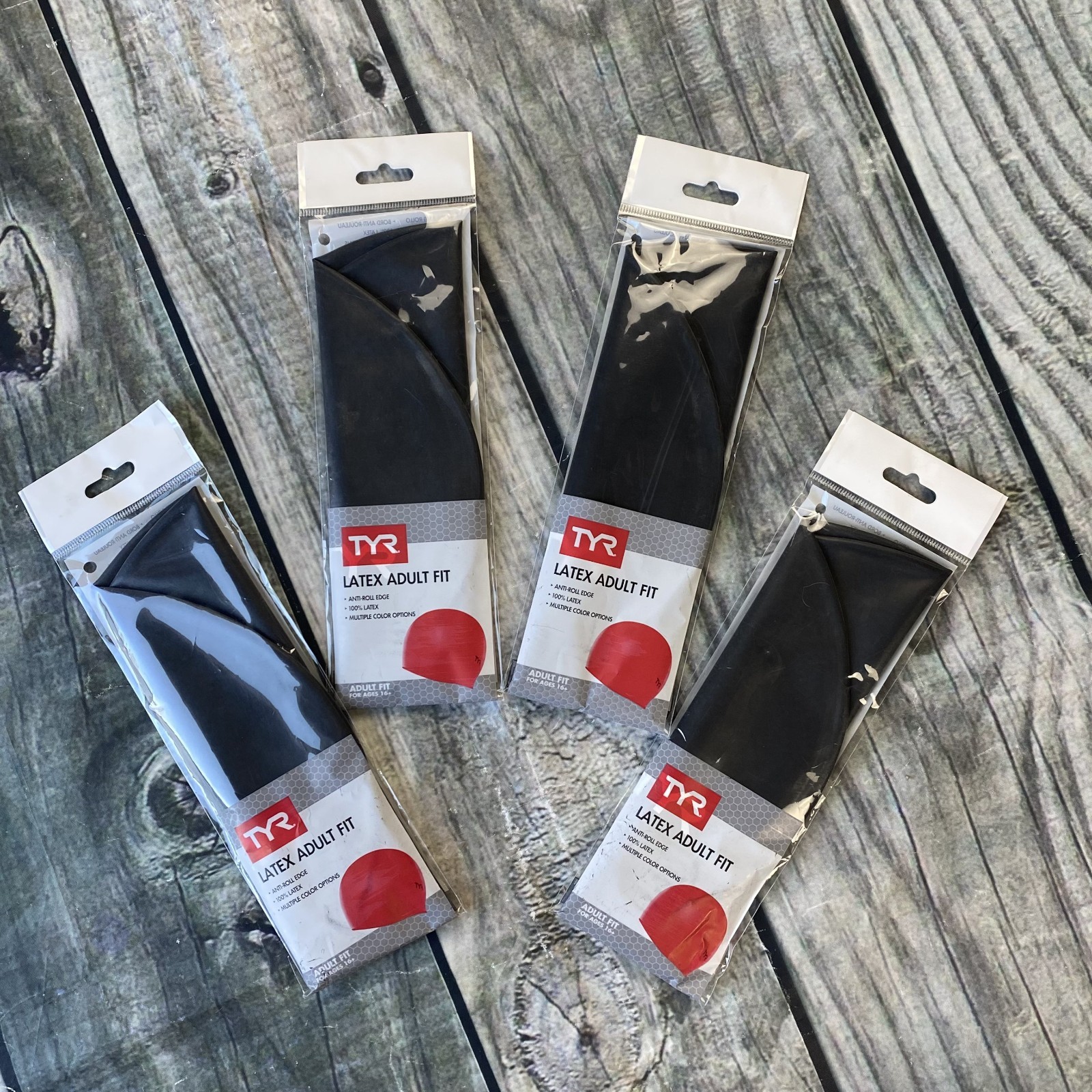 NIP Sealed Lot of 4 TYR Adult Swim Cap 100% Latex Solid Black Anti Roll Edge 16+