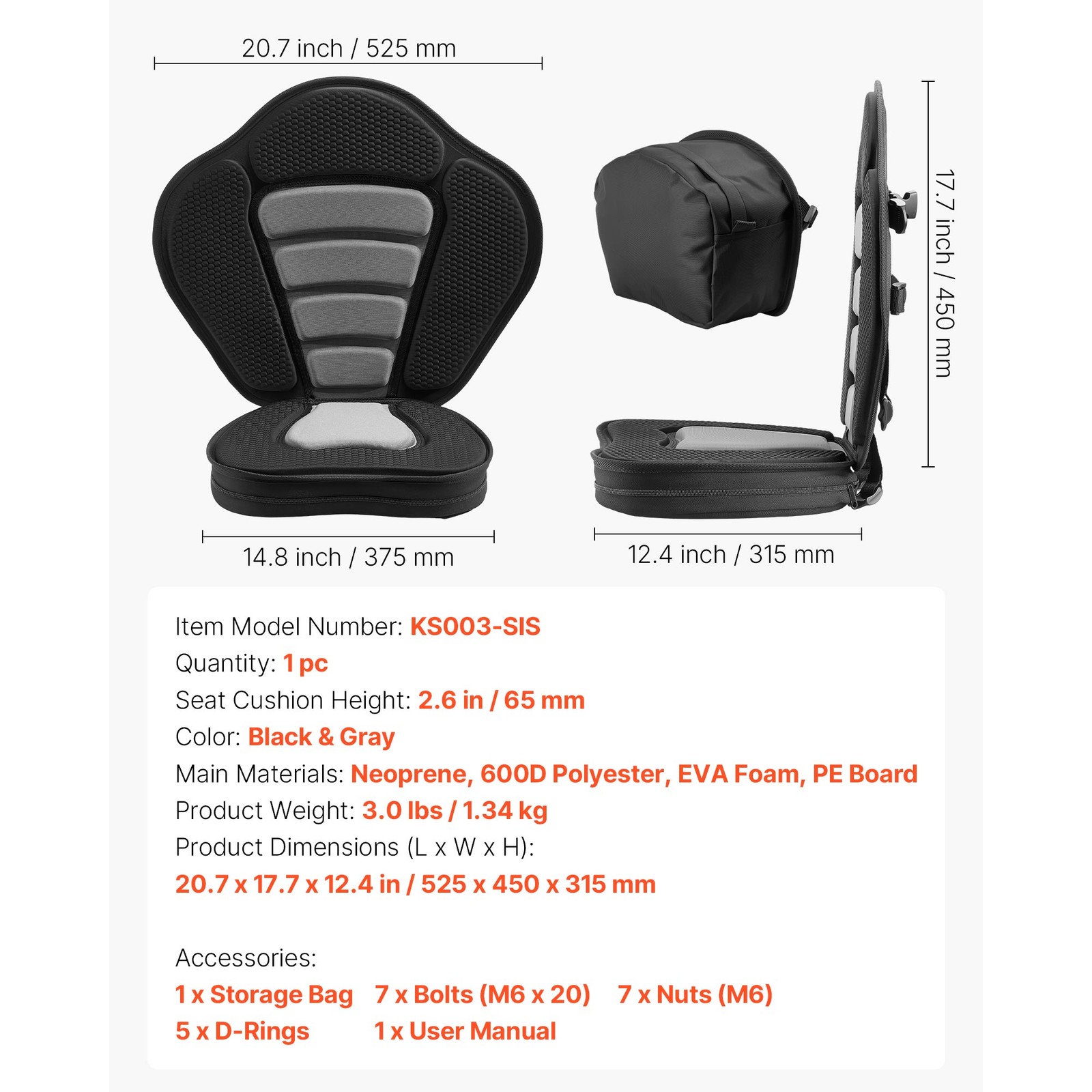 Uimoso Universal Padded Kayak Seat Cushion with Backrest, 2.6″ Thickness