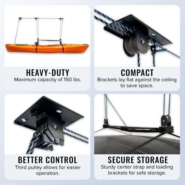 Heavy-Duty Kayak Hoist – 150 lbs Capacity Overhead Storage for 10-14 ft Ceilings