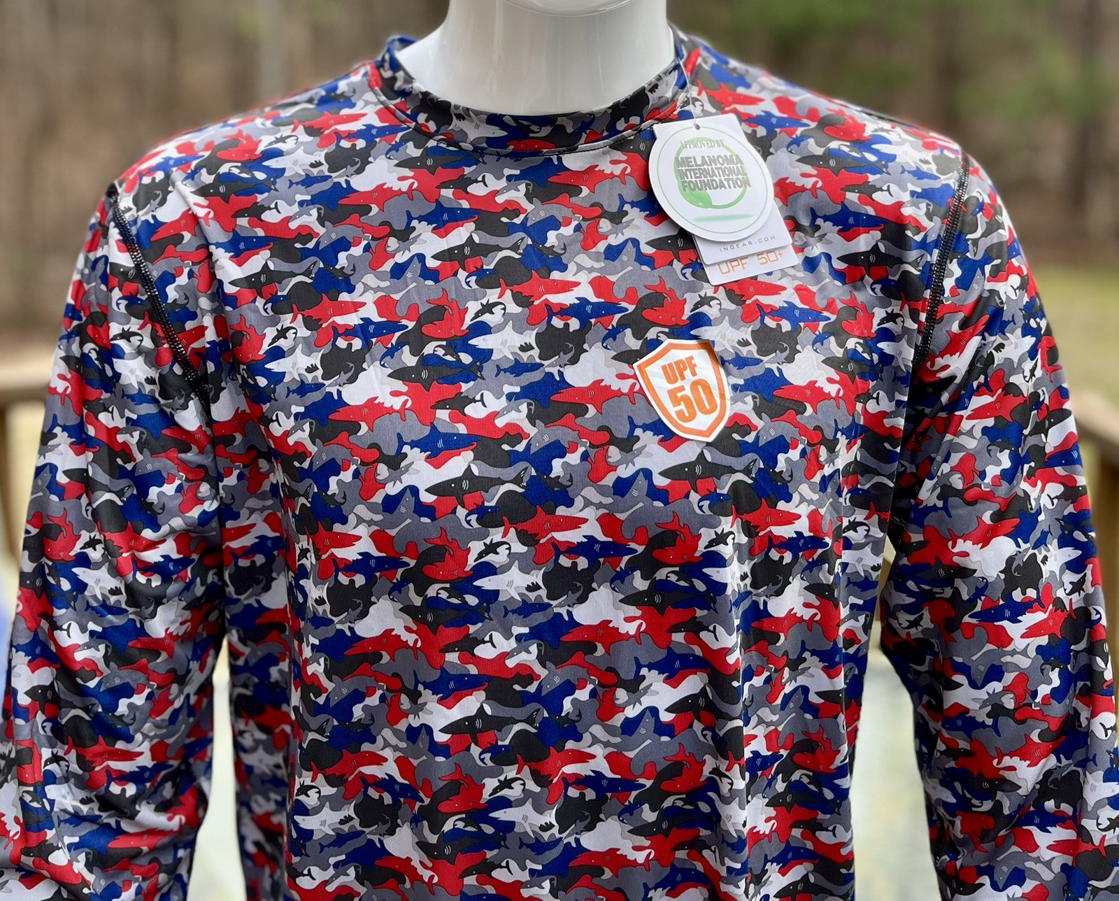 InGear Men’s UPF 50+ Rash Guard – Red, White & Blue Shark Camo Long Sleeve S-3XL