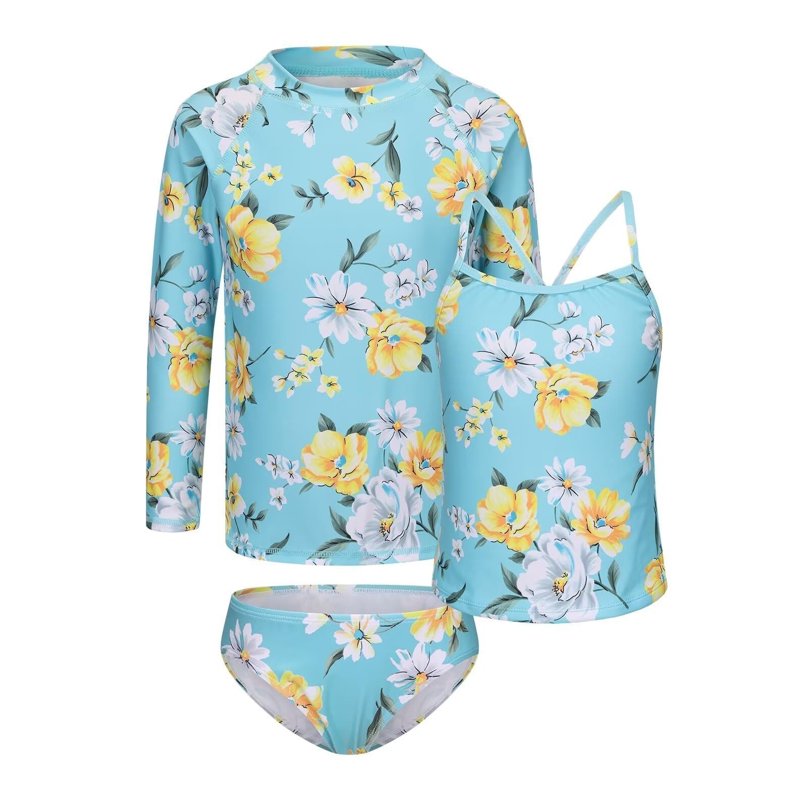 Girls 3 Piece Swimsuits Set for Girls Long Sleeve Rash Guard Swim Set Hawaiia…