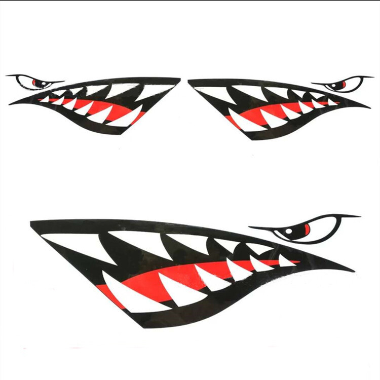 Pair Shark Mouth Warhawk Aircrarft Decal Stickers Skateboard Kayak Fishing Boat