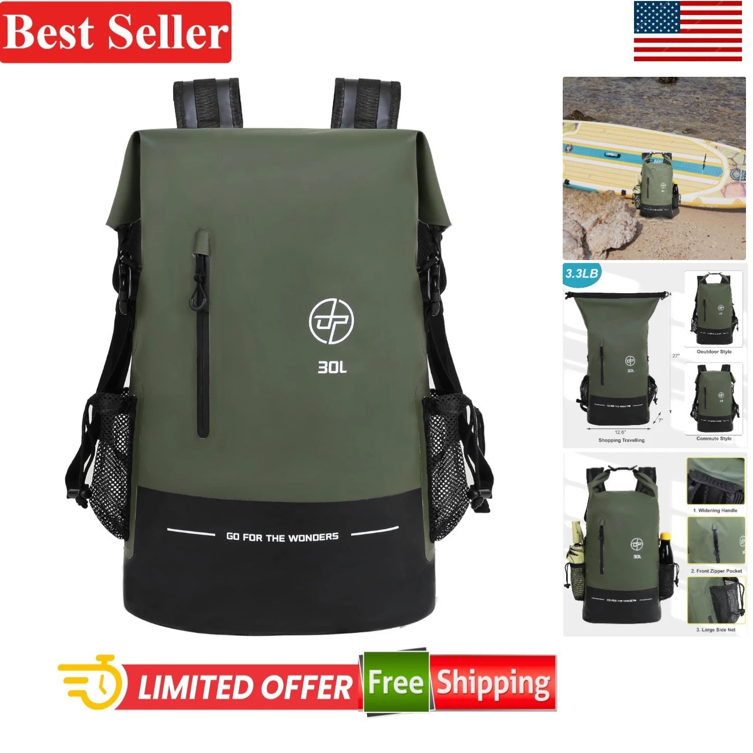 Waterproof Dry Bag 30L for Kayaking Hiking Camping Travel Backpack