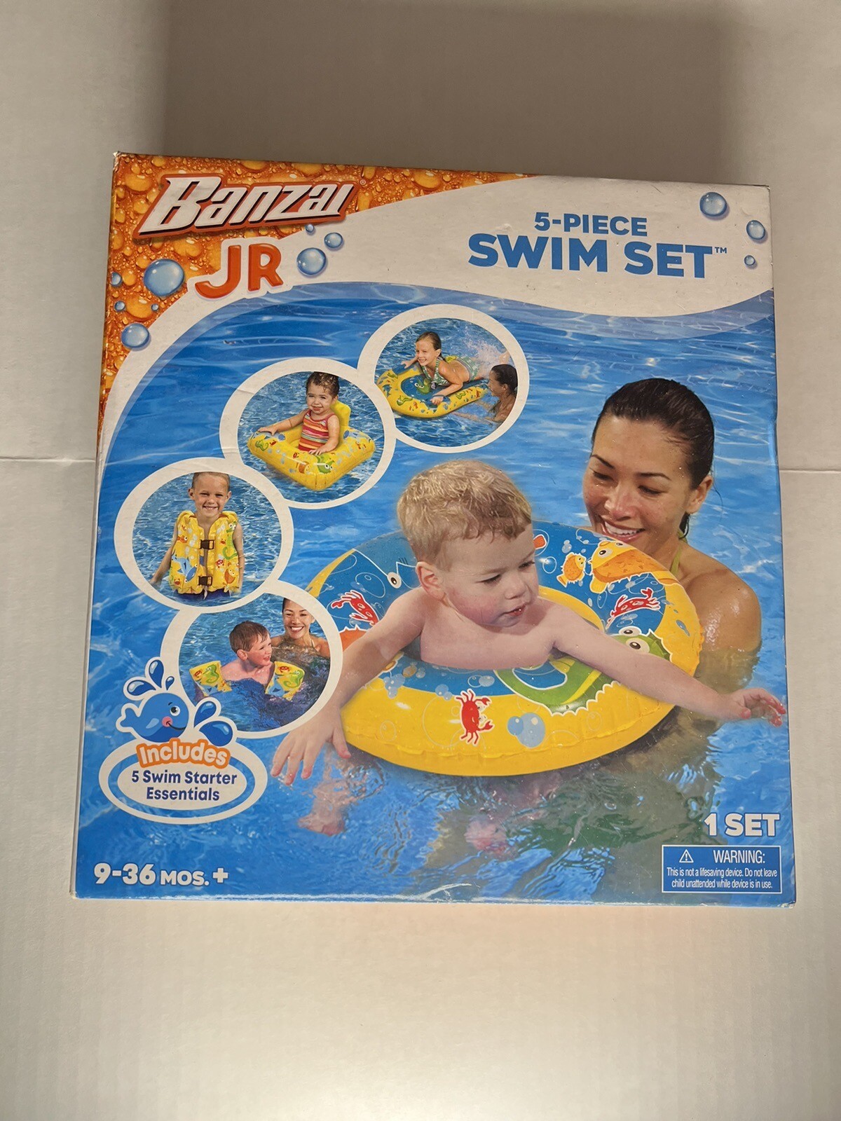 BANZAI JR. 5-PIECE SWIM SET W/ 5 SWIM STARTER ESSENTIALS 9-36 MONTHS NEW IN BOX